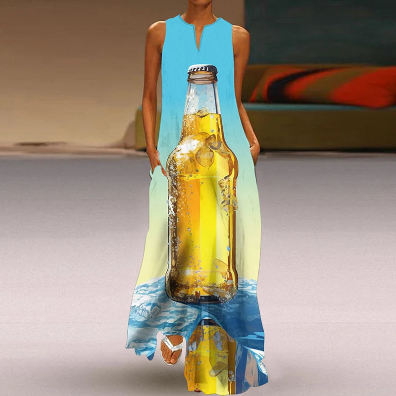 Summer Dress Woman 2025 Printed Dresses Summer Sleeveless V-Neck Long Dress Ladies Casual Elegant Beach Party Maxi Dresses