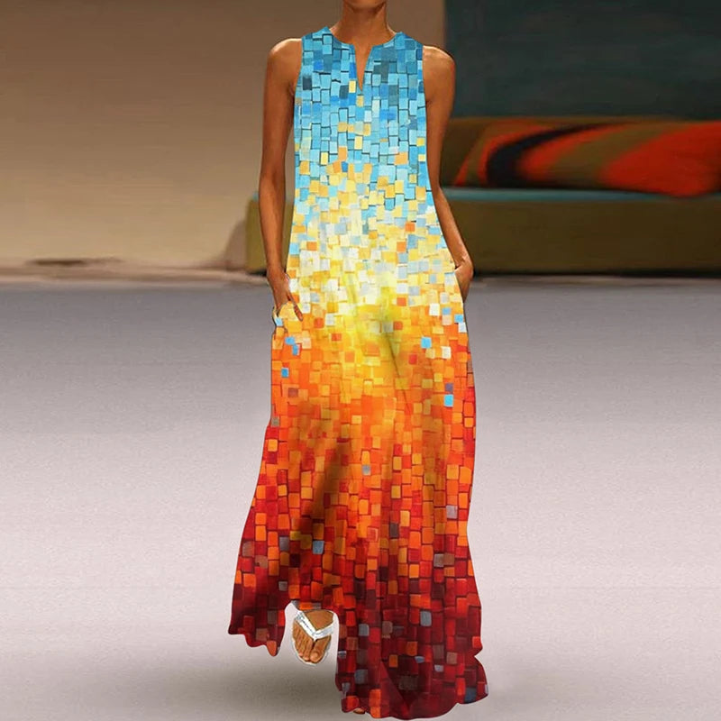 Summer Dress Woman 2025 Printed Dresses Summer Sleeveless V-Neck Long Dress Ladies Casual Elegant Beach Party Maxi Dresses