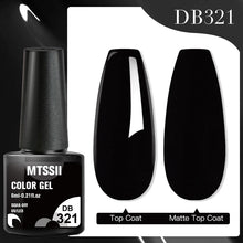 MTSSSII Color Gel bottle with two black nail samples labeled 'Top Coat' and 'Matte Top Coat' on a white background.