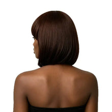 Synthetic wig with bangs showing high temperature silk fiber texture.