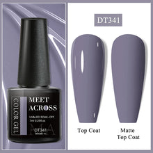 Gel nail polish bottle with 'Meet Across' branding and two nail samples, one top coat and one matte top coat, on a white background.