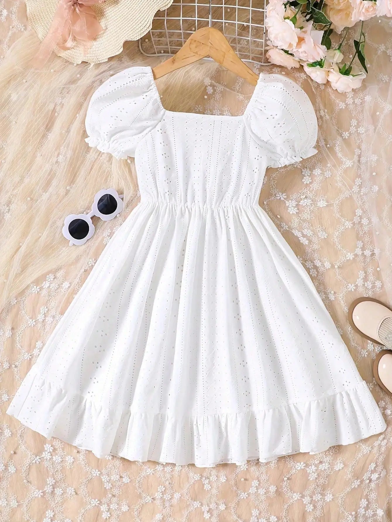 Girls' Summer Dress - Sweet Knitted, Elegant Hollow Jacquard, Bubble Sleeves and ruffle hem, Casual Button Front White Dress