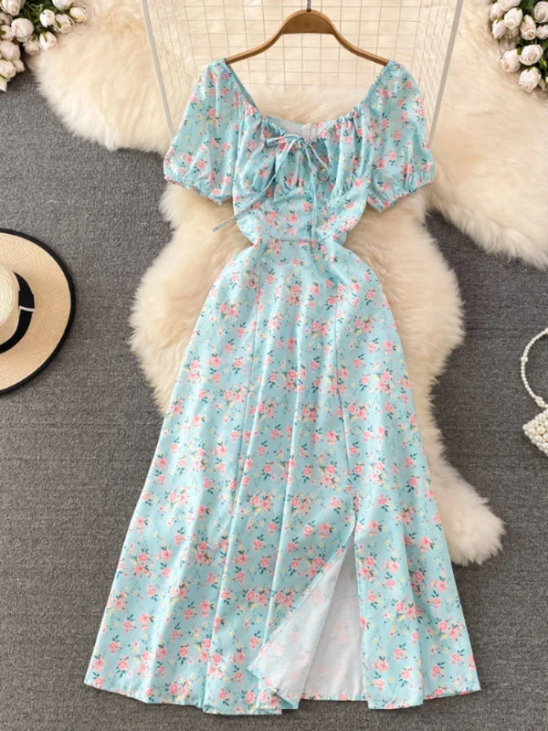 Summer Vintage Dress Blue Floral estidos