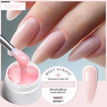 Pink gel nail polish being applied with a brush, labeled 'Meet Across' on a light gray background.