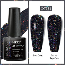 Nail gel polish with black bottle and glittery top coat on a white background