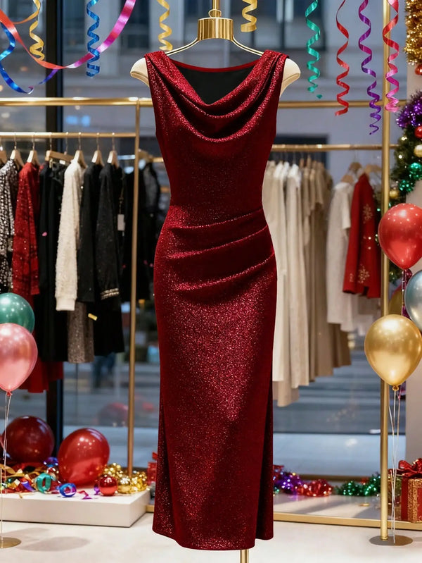 Elegant, Sleeveless, Sparkling, Body-Con Plunge Dress Evening Gown