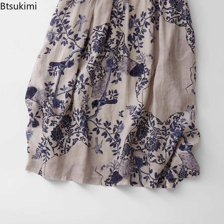 Summer Dresses Retro Casual Loose Print V Neck Long Dress