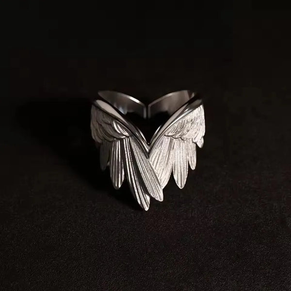 Angel wings ring adjustable open band retro gothic punk style.