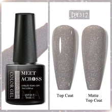 Nail gel polish bottle with glittery top coat and matte top coat displayed on a white background