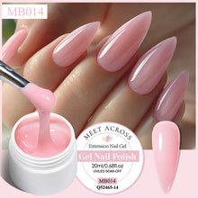 Pink gel nail polish being applied to a hand with long nails, featuring 'Meet Across' brand.