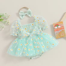 Baby girl tulle romper in pink with daisy print and headband