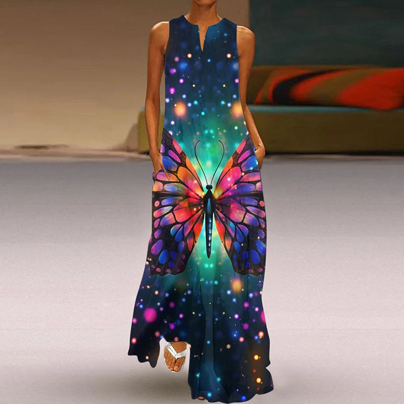 Summer Dress Woman 2025 Printed Dresses Summer Sleeveless V-Neck Long Dress Ladies Casual Elegant Beach Party Maxi Dresses