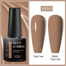 Nail gel polish bottle with top coat and matte top coat swatches on a beige background