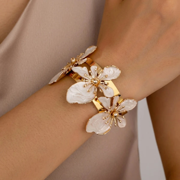 Elegant Enamel Butterfly Flower Chunky Cuff Bracelet