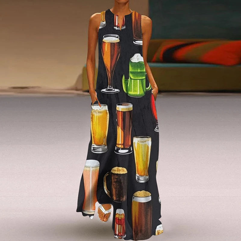 Summer Dress Woman 2025 Printed Dresses Summer Sleeveless V-Neck Long Dress Ladies Casual Elegant Beach Party Maxi Dresses