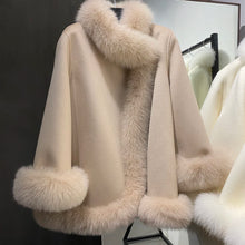YOLOAgain 2025 Warm Oversized Real Fox Fur Collar Cuffs Elegant White Wool Coat Women Elegant