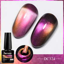 MTSSII cat-eye gel nail polish in shade DC324, shown with a bottle, a glossy nail swatch displaying a purple-to-gold iridescent finish, a circular close-up of the polish being swirled, and a pink gradient background.