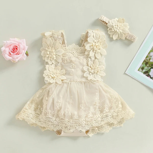 Baby girl square neck romper in floral lace with headband