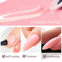 Extension nail gel with application process and results on nails.