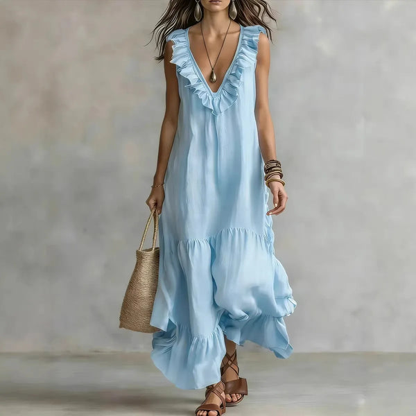 Sleeveless Cotton Linen V-Neck Big Swing Beach Dress