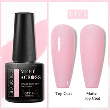 Nail gel polish bottle with pink glittery nails showing top coat and matte top coat application.