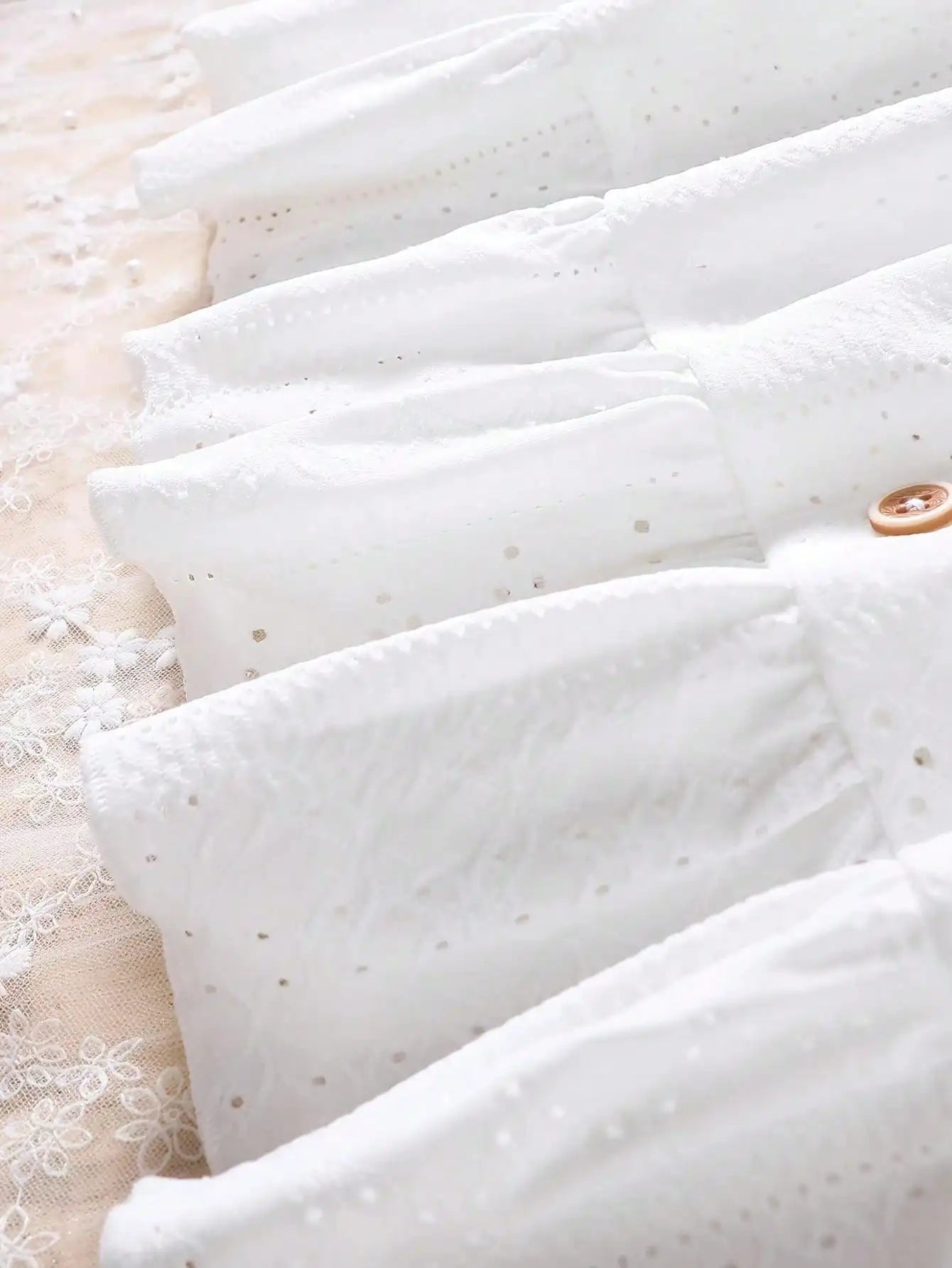 Girls' Summer Dress - Sweet Knitted, Elegant Hollow Jacquard, Bubble Sleeves and ruffle hem, Casual Button Front White Dress