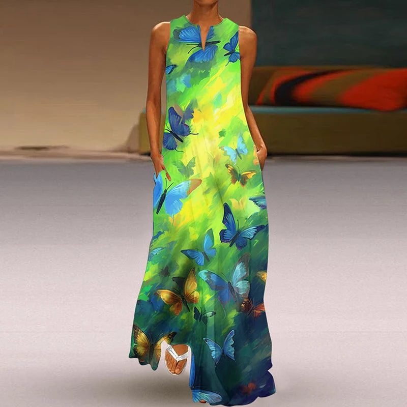 Summer Dress Woman 2025 Printed Dresses Summer Sleeveless V-Neck Long Dress Ladies Casual Elegant Beach Party Maxi Dresses