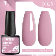 MTSSII color gel polish bottle with pink nails showing top coat and matte top coat on a pink background.