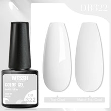 MTSSII Color Gel nail polish bottle in shade DB322, shown next to two glossy white nail tip swatches labeled Top Coat and Matte Top Coat.