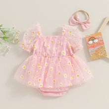 Baby girl tulle romper in pink with daisy print and headband