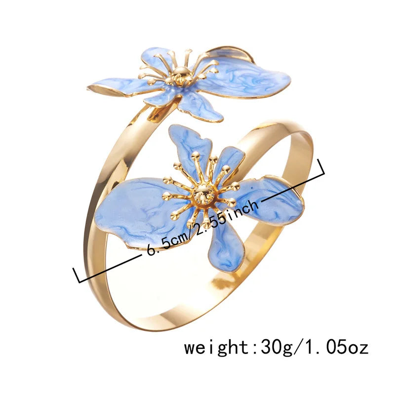 Elegant Enamel Flower Open Cuff Bracelet