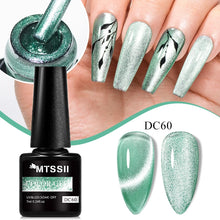 MTSSII Color Gel UV/LED soak-off nail polish in shade DC60, shown in a black bottle with a close-up of the glittery mint green polish in the applicator and on sample nail tips. A hand with long manicured nails wearing the same polish is also shown.