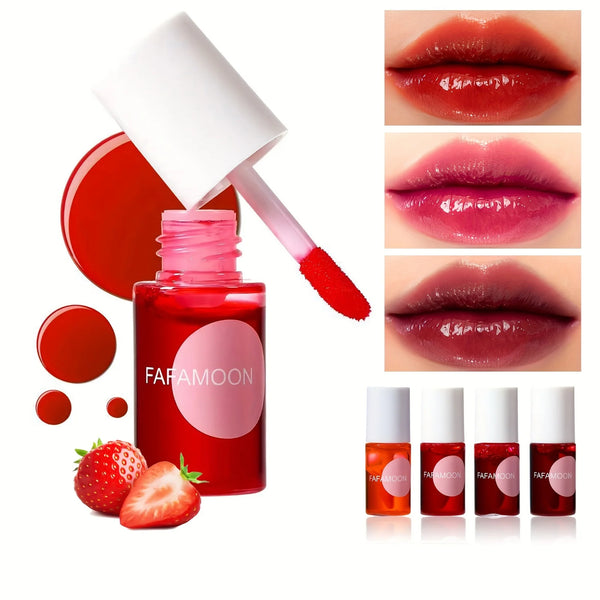 Fruity lip tint shade range showing all 4 high pigment colours