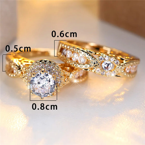 Crystal White Round Stone Engagement Ring Set Cute Yellow Gold