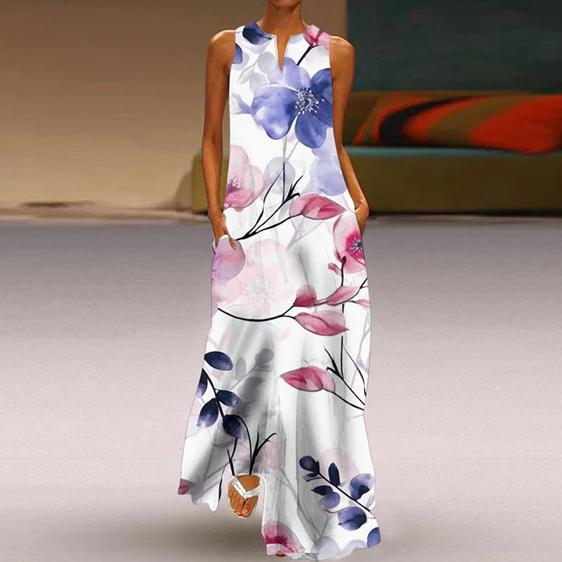 Summer Dress Woman 2025 Printed Dresses Summer Sleeveless V-Neck Long Dress Ladies Casual Elegant Beach Party Maxi Dresses