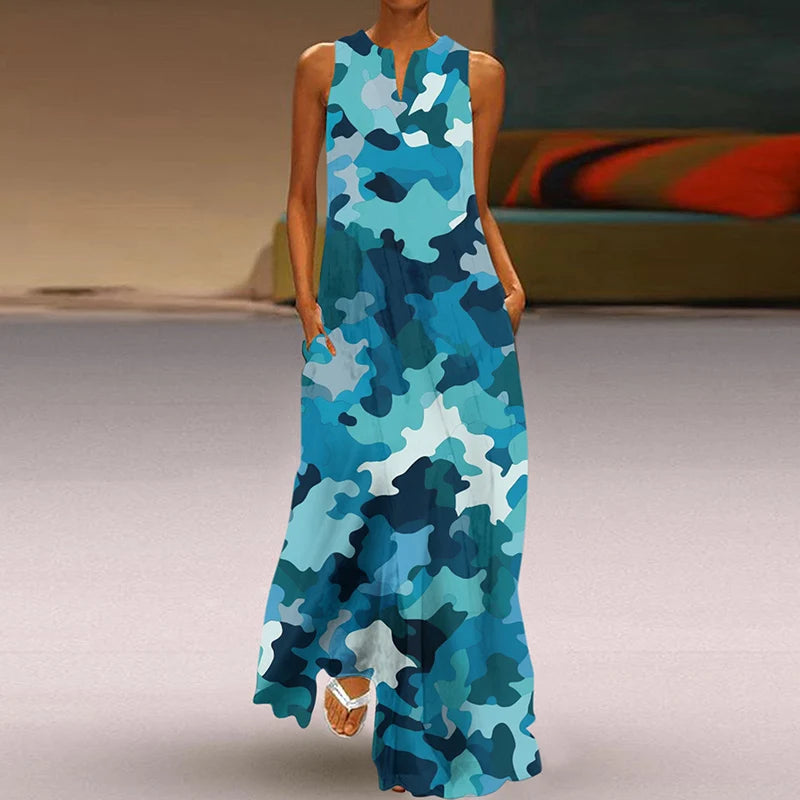 Summer Dress Woman 2025 Printed Dresses Summer Sleeveless V-Neck Long Dress Ladies Casual Elegant Beach Party Maxi Dresses