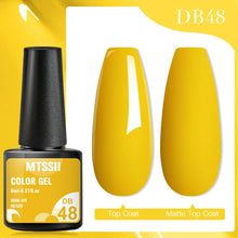MTSSII color gel bottle with yellow nail polish and 'DB48' text on a yellow background