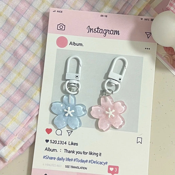 Sakura keychain resin flower soft pink tones close-up detail view.
