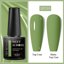 Nail gel polish bottle with green color swatches labeled 'Top Coat' and 'Matte Top Coat'.