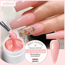 Pink gel nail polish being applied with a brush, showing a hand with manicured nails and a 'Meet Across' product label.