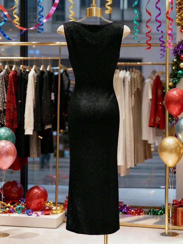 Elegant, Sleeveless, Sparkling, Body-Con Plunge Dress Evening Gown
