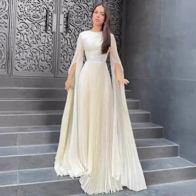 Folds Flare Sleeve Round Collar Floor Lace Up Tight Waist A Line Formal Gown