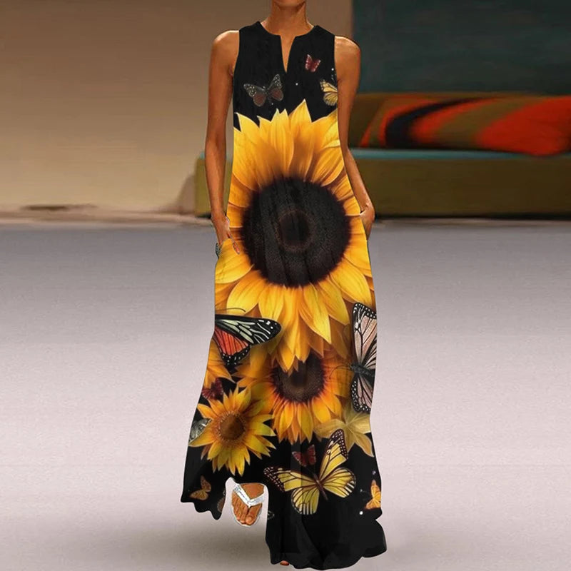 Summer Dress Woman 2025 Printed Dresses Summer Sleeveless V-Neck Long Dress Ladies Casual Elegant Beach Party Maxi Dresses