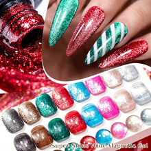 A collage showing a glittery red nail polish bottle, a close-up of manicured fingernails with red, green, and white glitter designs, and a tray of colorful magnetic gel nail tips under the text 'Super Shine Wide Magnetic Gel'.