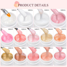 A product details grid showing 14 different gel nail polish colors in white jars, with swatches of the gel being lifted with brushes and spatulas. The shades range from white and light pink to peach, beige, and nude tones.
