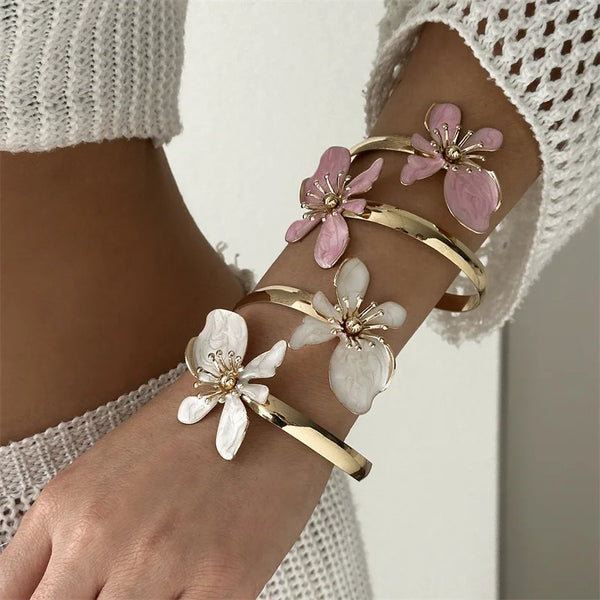 Elegant Enamel Flower Open Cuff Bracelet