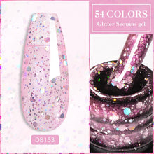 Glitter sequins gel with a pink applicator and container on a white background