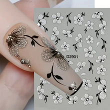 floral nail art stickers – 5D glitter silver black front view