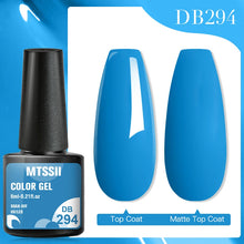 MTSSTII Color Gel nail polish bottle with blue nails showing top coat and matte top coat on a blue background.
