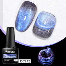 MTSSII DC152 cat-eye UV/LED soak-off nail polish shown in a black bottle, with two nail swatches displaying a shimmering blue, purple, and silver cat-eye effect on a white and black background.